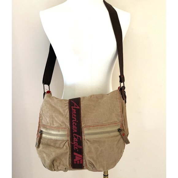 VTG Y2K American Eagle Corduroy Messenger Crossover Bag Beige Zip Pockets Boho - Picture 1 of 14